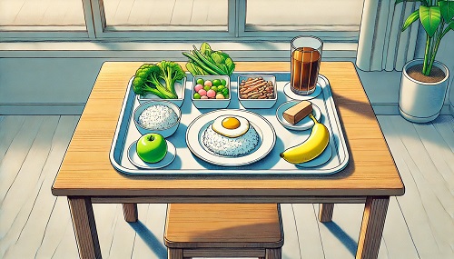 Plateau repas pour un patient d'hôpital.